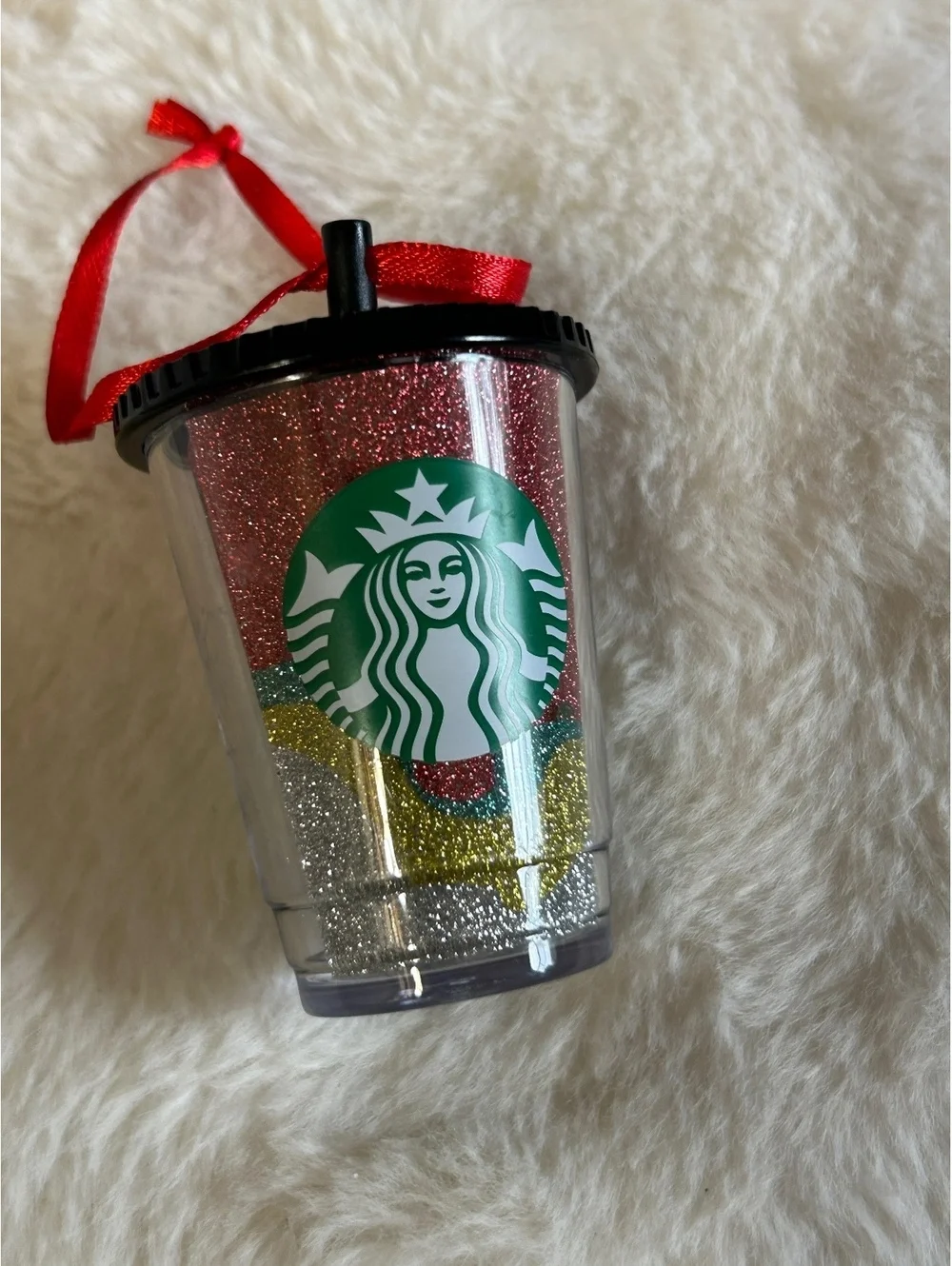 Starbucks Mini Glitter Tumbler Ornament with Straw and Red Ribbon